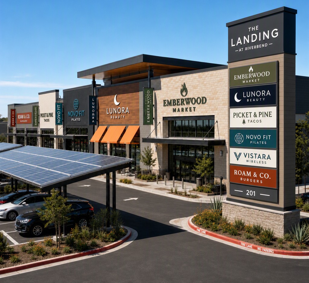 Retail center with a monument directory sign, storefront awnings, and solar parking canopies